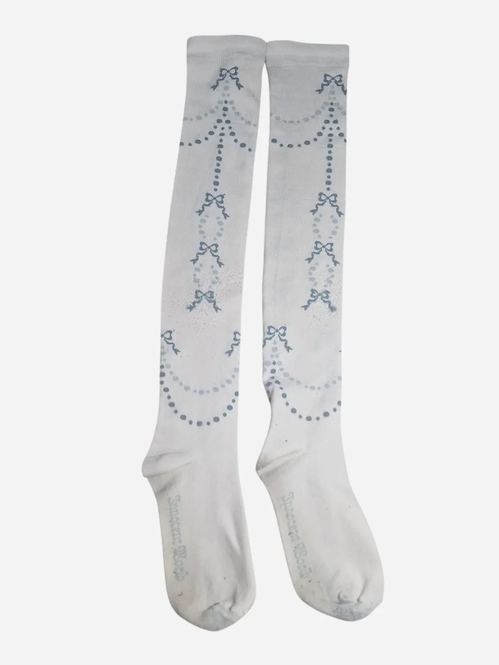 White Innocent World Ivory Blue Bow Socks with Light Blue Bow and Garland Detail